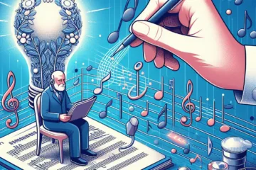 An image representing Freud, sitting on a music score and surrounded by music. To illustrate an article about the benefits of music therapy on sonichenge.com