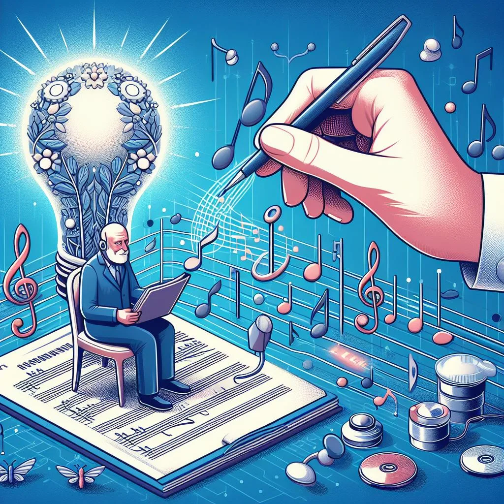 An image representing Freud, sitting on a music score and surrounded by music. To illustrate an article about the benefits of music therapy on sonichenge.com