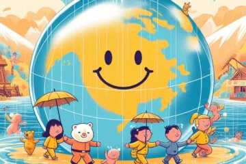 An image depicting a happy world globe, to illustrate an article about the world happiness report on Sonichenge.com